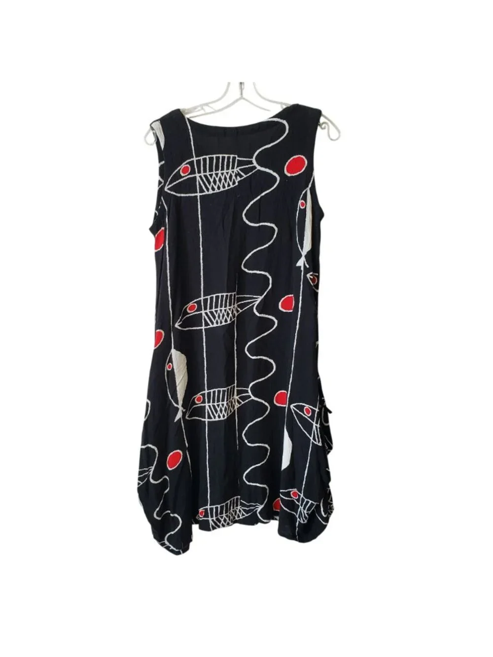 Kaktus Black White Red Fish Print Lagenlook Midi Dress S Boho Art to Wear - Picture 9 of 9